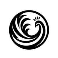 A stylized black and white peacock emblem within a circular frame, rendered with bold lines and a modern, minimalist , conveying elegance and sophistication. vector