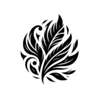 Ornate Black and White Feather Motif, Floral with Swirls and Leaves, Abstract Nature Art. vector