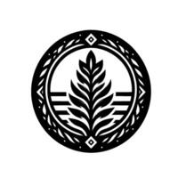 Circular minimalist black and white featuring a stylized leaf , framed by a decorative border and geometric elements, set against a white background. vector