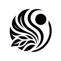 Abstract black and white emblem featuring a circular with stylized leaves, curved lines, and a dot, creating a balanced composition. vector