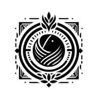 Intricate Black and White Geometric Emblem Featuring a stylized Fish within Nested Circles and a FloralPlantlike Top and Bottom Ornament. vector