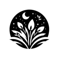 A monochromatic, minimalist illustration of stylized flowers and foliage, enclosed within a circle, featuring a crescent moon, stars, and leaves, conveying a serene and celestial theme. vector