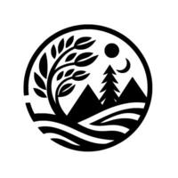 A circular monochrome nature scene featuring a stylized tree, mountains, a conifer, sun, and crescent moon, evoking a sense of peace. vector