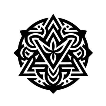 Intricate Black and White Geometric Mandala Featuring Triangles, Curves, and Floral Elements within a Circular Composition on a White Background. vector