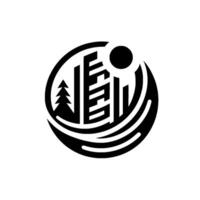 Abstract Black and White Circular A stylised cityscape with a sun, tree, and wavelike lines encapsulating urban and natural elements, unified within a circle. vector