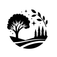 Black and white minimalist nature scene depicting a stylized landscape inside a circle featuring a tree, pine trees, branch, stars and hills. vector