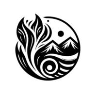 Black white YinYanginspired nature illustration featuring stylized mountains, a treelike element, and spiral detail, set within a circle. vector