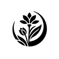 A stylized, black and white floral emblem featuring a large open flower and a bud, within a crescentshaped frame on a white background. vector