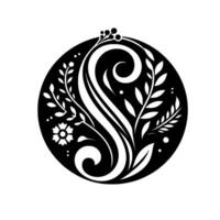 Ornate Black and White Floral S Monogram Within a Circle, Featuring Swirls, Leaves, Berries, and a Detailed Flower Element. vector