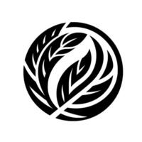 A minimalist black and white featuring stylized leaves arranged within a circle, embodying organic forms and natural elegance. vector