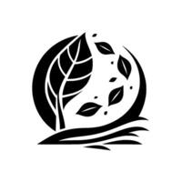 Stylized monochrome of a leaf transitioning from a tall plant into smaller falling leaves within a circle and a wavy base, evoking growth and change. vector