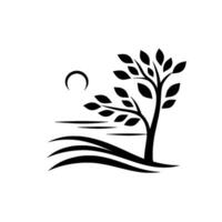 Minimalist Silhouette of a Tree by a Shore, Depicting a Crescent Moon and Gentle Waves Against a White Background, Emphasizing Balance and Peace. vector