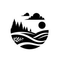 Silhouetted nature scene of rolling hills, pine trees, and a sun, framed in a circular shape with leaf detail, minimalist . vector