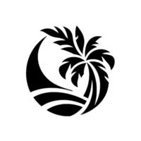 A minimalist black and white circular featuring a stylized palm tree, curved wavelike shapes, and a crescent moon. vector