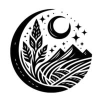 A stylized black and white circular illustration depicting a crescent moon, starry night sky, mountains, and foliage with a road. vector