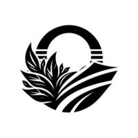 Black and White Abstract Circular Element with Leafy Growth and Geometric Lines. vector