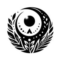 Mystical Black and White Circular Featuring Crescent Moon, Eye, Flora, Geometric Shapes, and Dots, a symbol of balance. vector