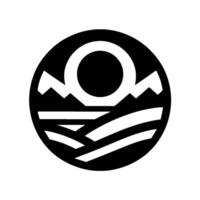 A minimalist black and white within a circle featuring mountain peaks and a rising sun over a layered landscape, evoking a sense of nature and simplicity. vector