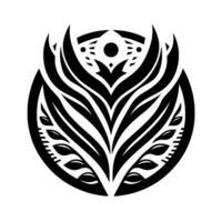 A symmetrical Polynesianinspired circular featuring organic, stylized floral elements and patterns, composed of black shapes against a white background, with a sense of balance. vector