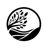 A minimalist black and white circular featuring a stylized tree with leaves, positioned over a curved landscape element. vector