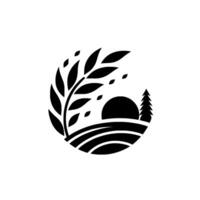 Stylized black and white featuring a wheat stalk, rolling hills, a setting sun, and a fir tree, all encapsulated within a circular frame. vector