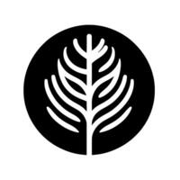 Minimalist black and white circular featuring a stylized symmetrical leaf , set against a plain white background. vector