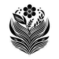 Symmetrical Black and White Floral Stylized Flower and Leaf Motif on a Plain White Background vector