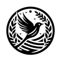 illustration of a stylized black dove in flight, encircled with olive branches and minimalist , symbolizing peace and freedom. vector