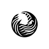 A stylized, abstract, black and white illustration featuring a circular, avianlike form created from curved lines and shapes. vector