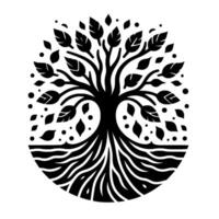 A stylized black and white illustration of a tree, depicting life, growth, and interconnectedness, featuring leaves, roots, and a circle frame. vector