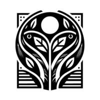 Abstract Monochromatic Geometric of Stylized Tree with Leaves, Circle, and Rectangle Frame vector