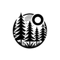 A minimalist black and white circular featuring a silhouette of a forest scene with towering pine trees under a stylized sun. vector