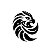 A striking minimalist, stylized black and white eagle head , composed of bold curves, feathers, and piercing eye, against a clean, white background. vector