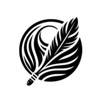 Bold, Black and White of a Feather Emerging from Within a Decorative Circular Element. vector