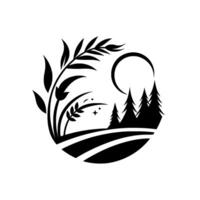 A minimalist black and white illustration portraying a serene rural scene within a circle, featuring flora, a crescent moon, evergreen trees, and rolling fields under a starry night. vector