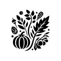 Black and white minimalist illustration of autumn harvest elements including a pumpkin, various leaves, and berries arranged in a circular composition on white. vector