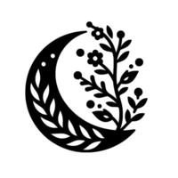 A stylized black crescent moon adorned with floral and foliage elements, creating a harmonious, minimalist on a clean white background. vector