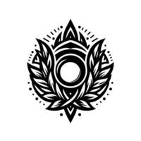 Ornate Black and White Geometric Mandala featuring a Central Circular Element, Leaf Motifs, and Dot Accents, on a White Backdrop. vector
