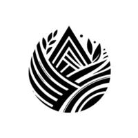 Abstract Black and White Emblem Geometric Fields, Mountainous Structure, Leafy Embellishments in a Circular Composition. vector