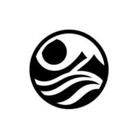 Abstract black and white circular depicts sun, mountains, and ocean waves, creating a minimalist landscape. vector