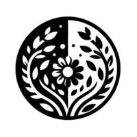 Symmetrical Monochrome Floral in a Circle Black and White, Flower and Foliage Border, Split Composition. vector