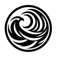 Black and white circular stylized depicting an eaglelike bird head amidst swirling, curved elements, exuding strength. vector