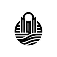 Minimalist Black and White Abstract Architecture Rising Over Waves, enclosed in a circle, with a sunarch element. vector