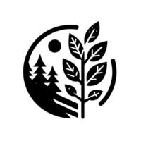 A minimalist, circular nature illustration, featuring stylized trees, a branch with leaves, a sun, and a forest silhouette in black and white. vector
