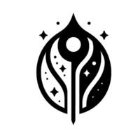 A stylized black and white glyph featuring a central staff with a circular head within a teardrop shape, and scattered dots and diamondlike stars. vector