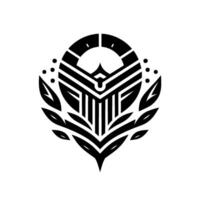 A symmetrical, minimalist featuring a stylized shieldlike emblem composed of geometric shapes, leaves, and an open circle, set against a plain white backdrop. vector