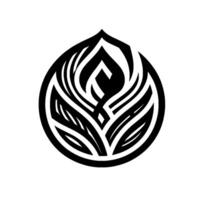 Abstract black and white tribal within a rounded, teardrop shape, featuring intricate patterns resembling leaves and flames. vector
