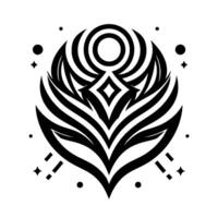A symmetrical, geometric emblem featuring layered, stylized leaf and arrow forms, diamond center, radiating circles, and minimalist starburst details against a stark white backdrop. vector