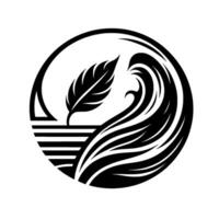 Abstract black and white circular featuring a feather rising above stylized waves, symbolizing writing or nature. vector