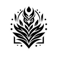 Symbolic black and white illustration of an owllike , integrated within stylized foliage and geometric elements on a plain white background. vector